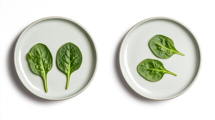 Obraz premium Spinach leaves on two plates isolated on a white background fresh and healthy green vegetable. Generative AI