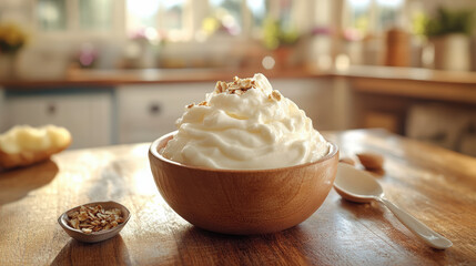 Fototapeta premium A wooden bowl filled with creamy yogurt topped with chopped nuts, on a rustic kitchen table, with a spoon and small dish nearby.
