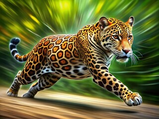Fototapeta premium Discovering the Speed of a Jaguar Cat in the Wild: Nature's Fastest Feline in Motion