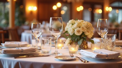 Elegant table setting with candles and roses in a wedding venue