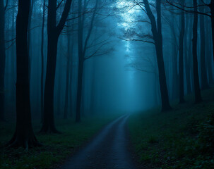Fototapeta premium A narrow, winding path through a dense, misty woodland area under tall trees, shrouded in a blue-hued gloom._00001_