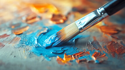 Close-up of Paintbrush Mixing Blue Oil Paint