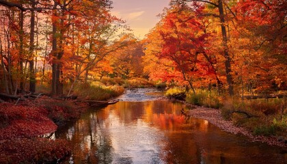 Fototapeta premium Autumn Forest Ablaze With Vibrant Red, Orange, and Yellow Leaves, as a Gentle Brook Winds Through the Trees, Reflecting the Fall Colors in the Crystal Clear Water Below