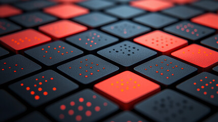 A close-up of a grid of black and red textured squares, featuring various patterns of small raised dots, resembling tactile surfaces.