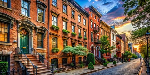Naklejka premium Discover the Charm of Historic New York Brick Architecture in Urban Settings and Iconic Streetscapes