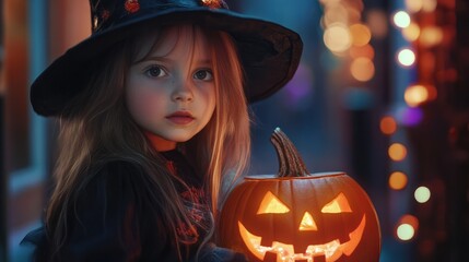 Fototapeta premium Little cute girl in witch costume holding jack-o-lantern pumpkin bucket with candies and sweets. Kid trick or treating in Halloween holiday.