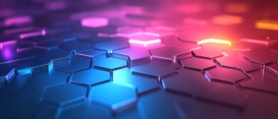 Obraz premium A vibrant, abstract depiction of interconnected hexagonal shapes with glowing edges.
