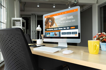 Naklejka premium Online travel agency website for modish search and travel planning offers deal and package for flight , hotel and tour booking