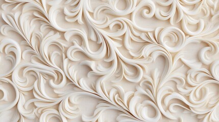 Intricate white filigree pattern on a cream background.