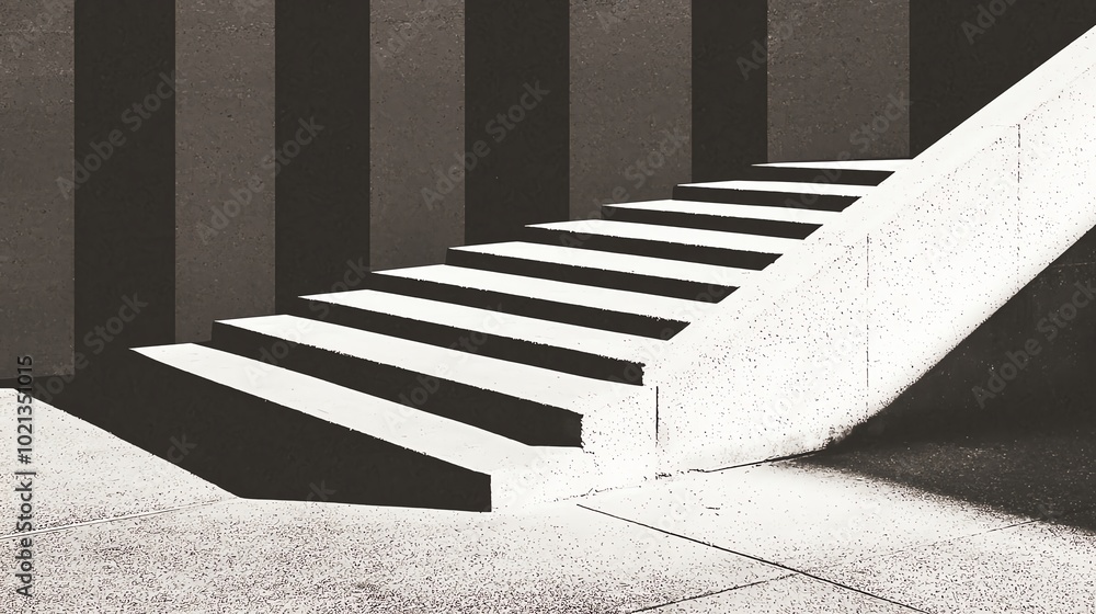 Poster a modern concrete staircase with bold shadows and striking black and white patterns, creating a uniq