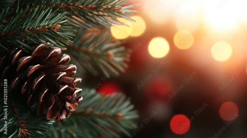 Poster a close-up view of a pine cone on a christmas tree, illuminated by warm, soft lights creating a fest