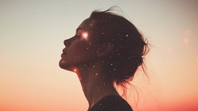A serene profile of a woman against a stunning sunset, with a dreamy starry overlay, evoking a sense of wonder and tranquility.