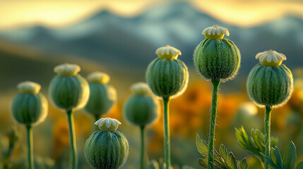 Green poppy buds stand tall in a sunlit field, with blurred mountains in the background, creating a serene and picturesque natural scene.