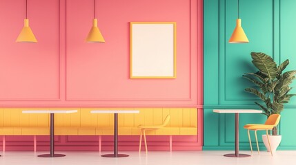 Modern cafe interior with colorful walls and stylish furniture.