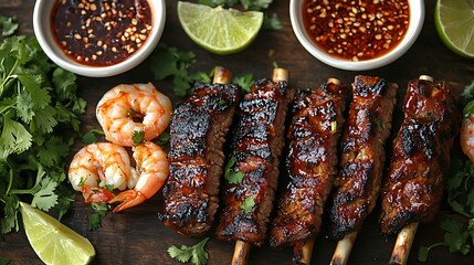 A vibrant close-up view of a Vietnamese BBQ spread, focusing on the charred texture of grilled pork ribs, beef skewers, and shrimp. Fresh herbs and small bowls of dipping sauces add a pop of color.