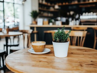 Coffee cup and potted plant on a wooden table in a cozy cafe setting.