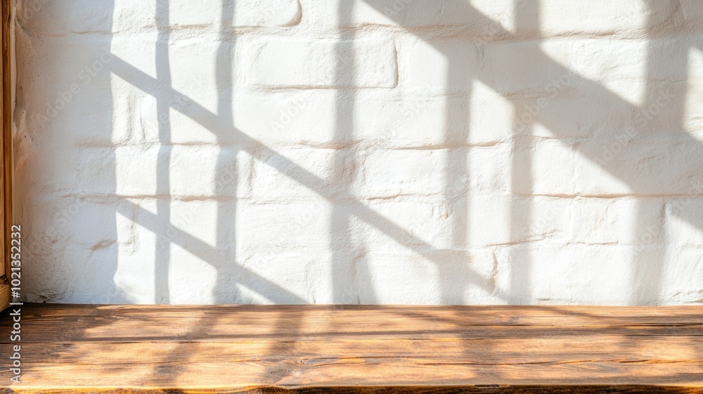 Poster soft sunlight filters through, creating beautiful shadows on a rustic wooden shelf against a clean w