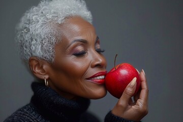 Beautiful cheerful smiling mature african woman bites red apple on grey studio background