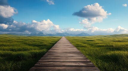 Fototapeta premium The scene features a long wooden pathway leading through vibrant green grass, guiding the eye towards distant majestic mountains and a bright blue sky dotted with clouds