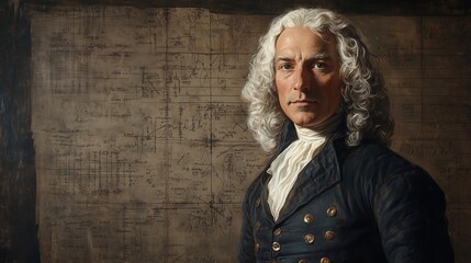 A nobleman stands thoughtfully in front of intricate scientific drawings