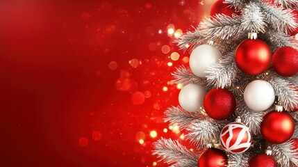 red Christmas tree with red and white balls, xmas background concept with advertising space for text