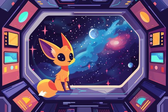 Cartoon fox in a spaceship observing colorful galaxy