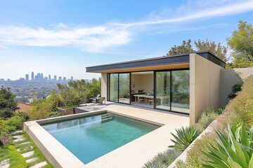 Fototapeta premium A modern backyard that exudes elegance and contemporary design, featuring minimalist landscaping, clean lines, and modern outdoor features to elevate everyday living