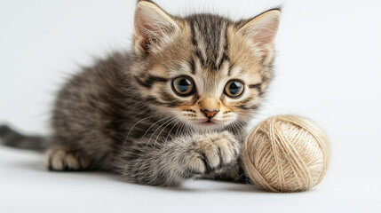 Obraz premium Kitten playing with beige yarn ball on white background. Pet activity and curiosity concept. Studio photography for pet care articles or toy advertisement. 