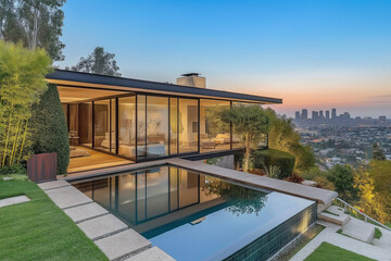 Fototapeta premium Discover a modern backyard oasis where outdoor living is reimagined, offering a chic environment with sleek lines, modern furnishings, and peaceful greenery to enjoy the beauty of nature