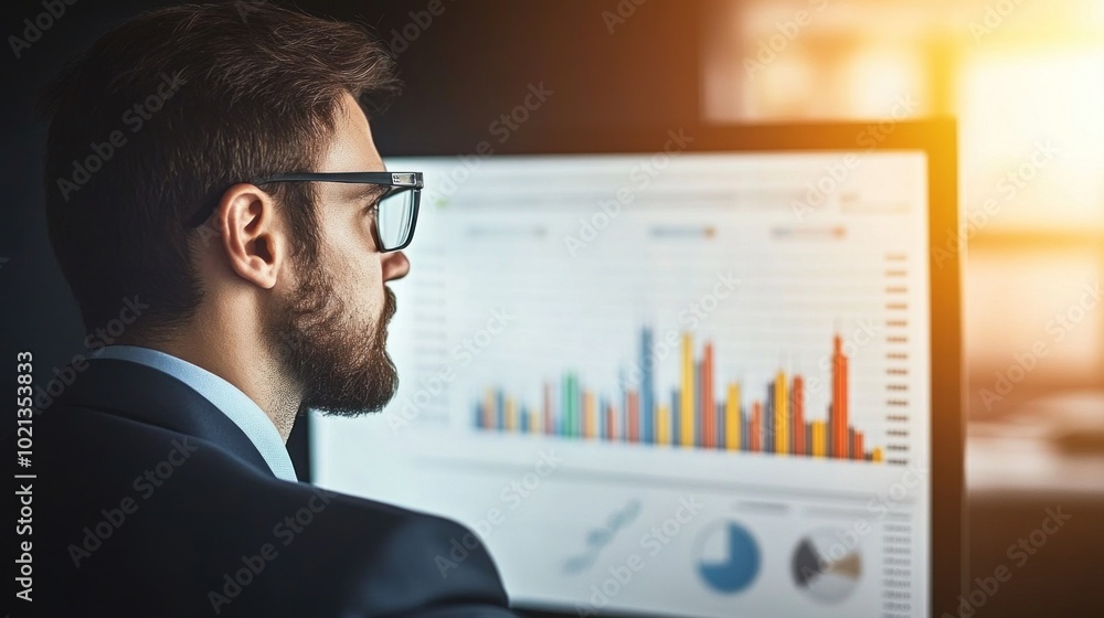 Poster a focused individual in formal attire examines colorful graphs and charts on a computer display whil