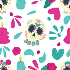 Hand drawn flat vector seamless pattern with Dia de los Muertos illustrations with decorated skulls, roses, candles, and festive elements on a white background. Perfect for promotions