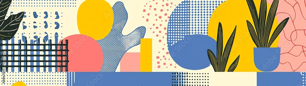 Poster colorful abstract pattern featuring geometric shapes and botanical elements, perfect for modern desi