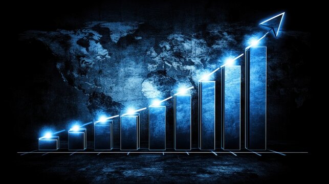 The bar graph displays a steady increase in values, highlighted with glowing effects and an upward arrow, set against a dark background featuring a world map