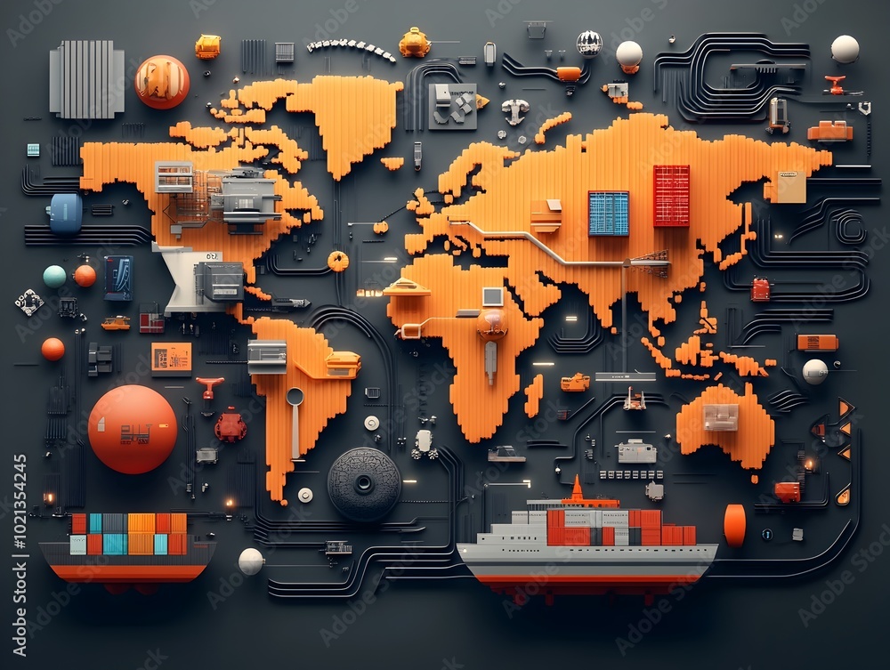 Poster ai orchestrated global logistics an intricate world map charting the real time movements of containe