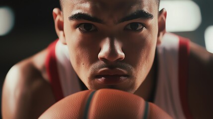 Focused young man with a basketball, showcasing determination and passion for the sport in an energetic atmosphere.