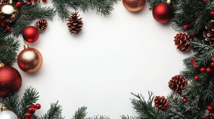 Fir tree Christmas frame, red gold Christmas decorations on white background. Copy space. New Year