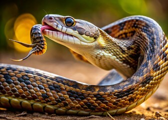 Obraz premium Dramatic Encounter: A Snake Captures Its Prey in a Gripping Natural Moment of Survival and Instinct