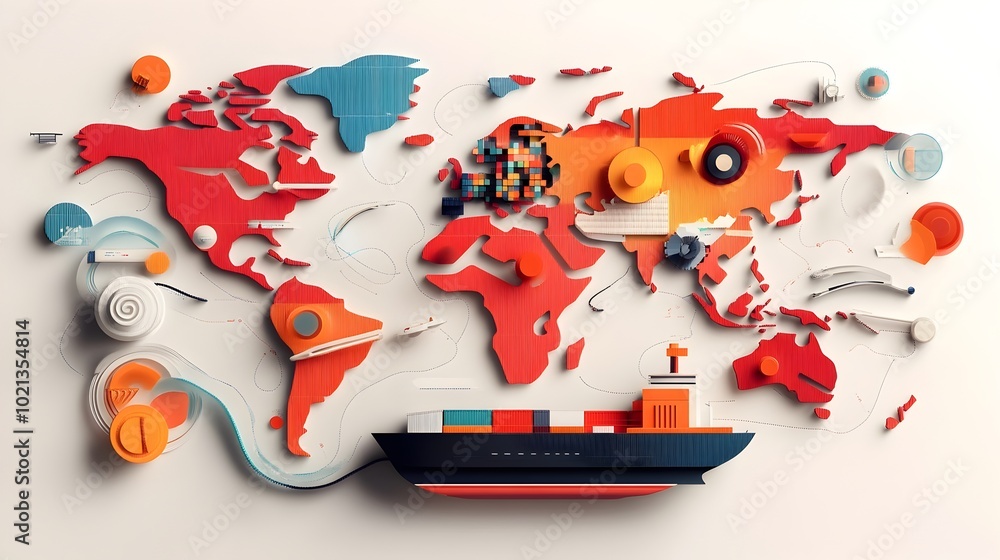 Poster sophisticated global logistics visualization depicting efficient export import with a detailed world
