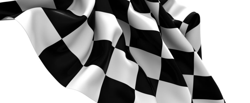 The checkered flag waves signifying victory and the thrill of the finish line