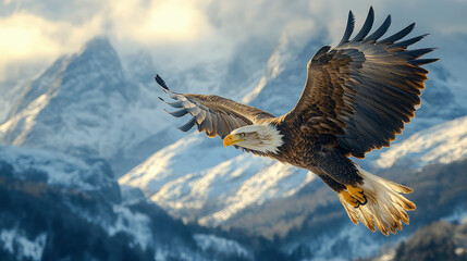 Fototapeta premium A majestic bald eagle soars gracefully against a backdrop of snow-covered mountains, showcasing the beauty and freedom of nature in flight.