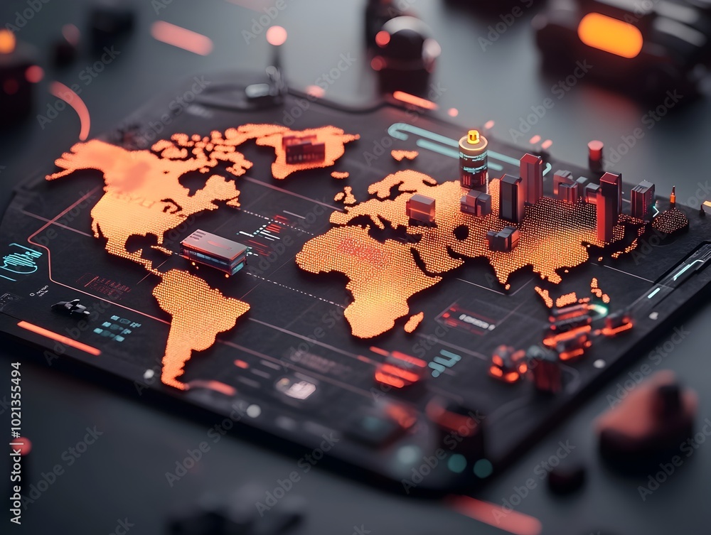 Poster holographic 3d map projection of dynamic international trade routes and logistics networks powered b
