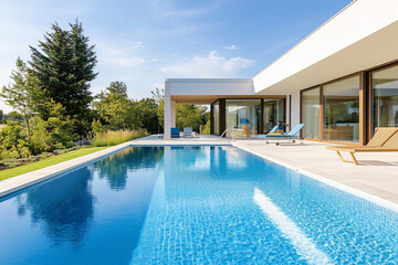 Fototapeta premium Modern House with Pool and Luxury Living Space, Contemporary Home Design, Stylish Architecture