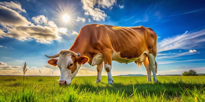 Droughtmaster Cow Grazing in Sunlit Pasture Under Clear Blue Sky on a Warm Summer Day