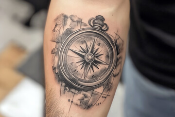 Realistic tattoo of a compass with a map in the background, inked on the forearm, black and gray tones.