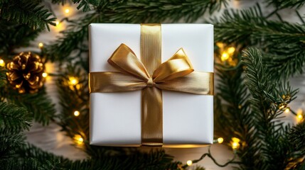 Elegant Gift Box with Gold Ribbon and Green Surroundings