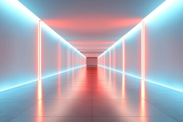 Futuristic Hallway with Neon Lights and Reflective Floor