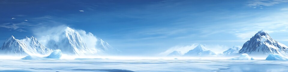 A cool, icy landscape with a clear blue sky and space for text