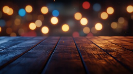 Wooden table, blurred bokeh background background. Neon light, night view, close-up. The general background of the interior, a dark background.