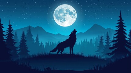 A vector illustration of a wildlife scene featuring a silhouette of a wolf howling under a full moon in a nighttime landscape. 