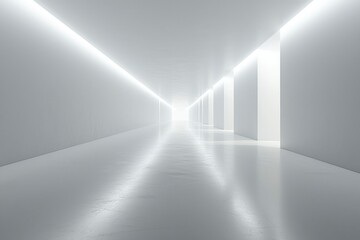 Obraz premium A Long White Corridor with Bright Overhead Lights